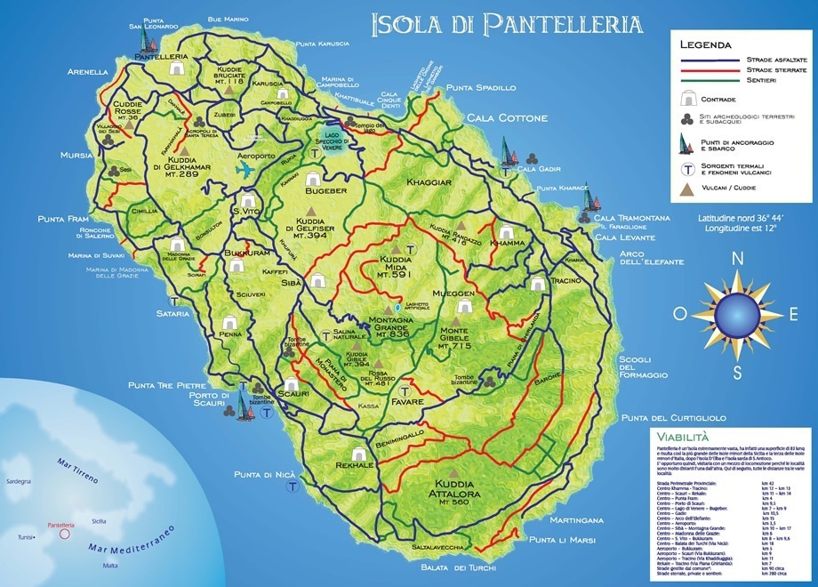 mappa di Pantelleria con indicata la posizione dei dammusi